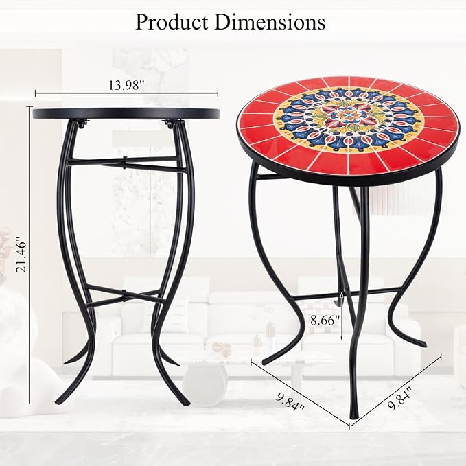 Mosaic Outdoor Side Table Small Round Patio Table Plant Stand | 21" Accent End Table with 14" Ceramic Tile Top for Small Spaces Porch Pool Garden Decor Indoor Living Room Bedroom Balcony