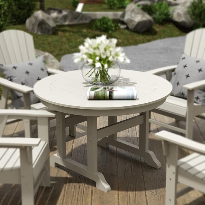 WestinTrends Malibu Patio Dining Table, All Weather Poly Lumber Adirondack 47" Trestle Round Outdoor Table with Umbrella Hole, Sand