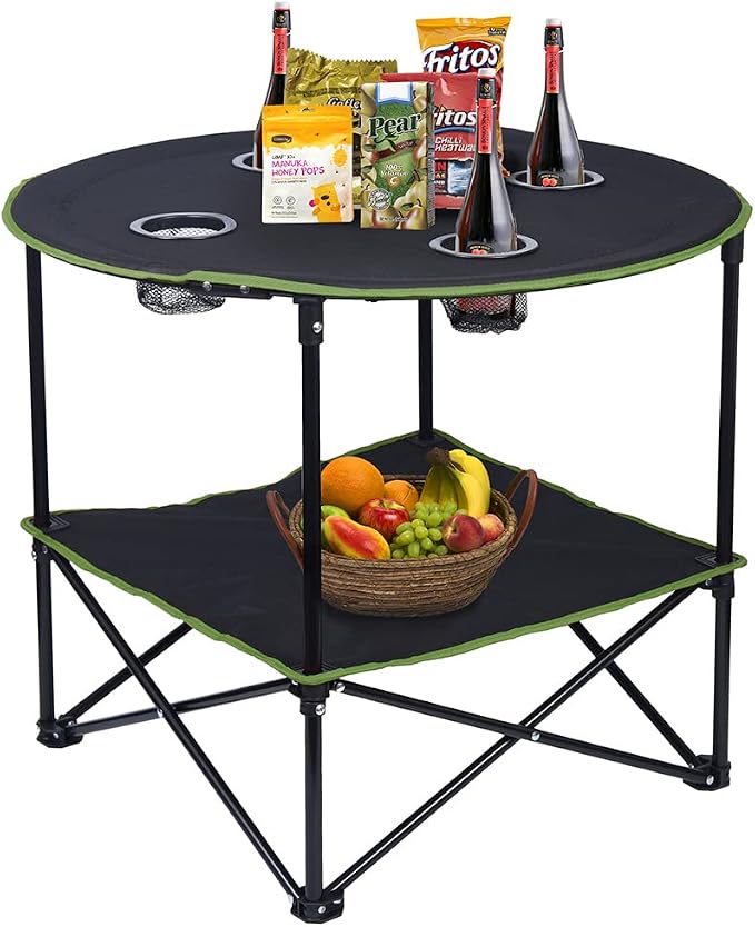LEADALLWAY Camping Tables that Fold Up Lightweight Outdoor Table | Portable, with 4 Cup Holders and Carrying Bags for Outdoor Picnic,Barbecue,Travel,Fishing(Black+Army Green)