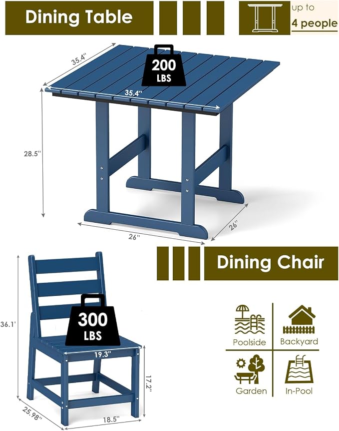 GREENVINES 5-Piece-Outdoor-Dining-Set | HDPE | Square | Patio Furniture | All Weather | Armless Chair | Slatted Table and Chairs Sets for 4 | for Backyard Poolside Garden | Blue