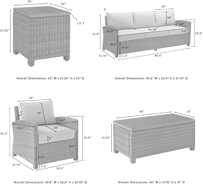 Crosley Furniture Bradenton 5-Piece Outdoor Sofa Patio Furniture Set, Wicker Conversation Sets for Porch, Brown with Sand Cushions