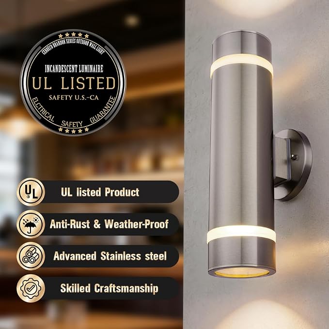 15" Stainless Steel Modern Outdoor Wall Sconce Cylinder Porch Light | E26 Base,UL listed,Brushed Nickel Up and Down Lights Outdoor Exterior Lighting Fixture for House Garage Patio Porch Garden