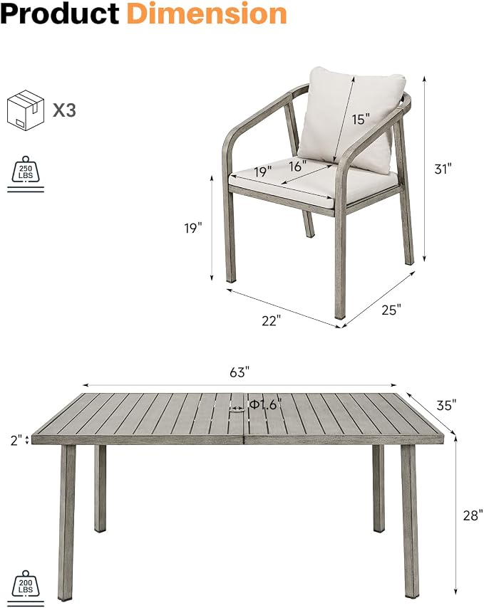7-Piece Patio Dining Set, Never-Rust Aluminum Outdoor Dining Set for 6, Patio Table and Chairs Set with Washable Cushions, Outdoor Furniture Set for Courtyard, Deck, Commercial, Gray Oak