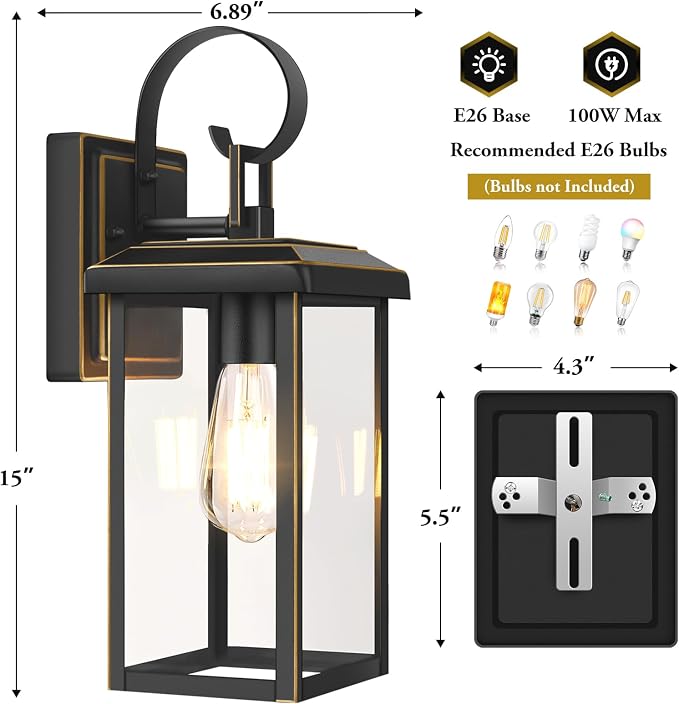 BesLowe 2-Pack 15” Outdoor Wall Lights, Bronze Modern Porch Sconces | Waterproof, Rust-Resistant, Durable Metal with Clear Glass, Standard E26 Socket, Easy to Install