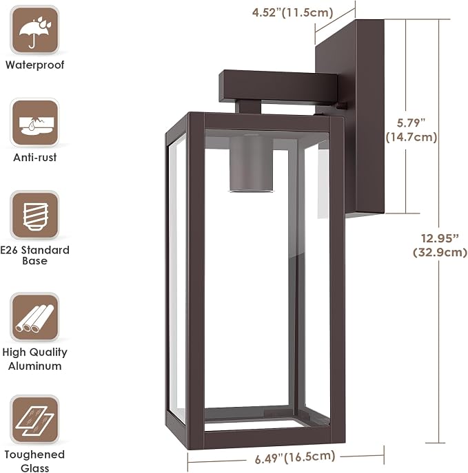 MAXvolador Outdoor Wall Sconce, Exterior Waterproof Wall Lantern Light Fixture, Dark Chocolate Porch Light Glass, Anti-Rust E26 Patio Lighting, 2 Pack | Dark Chocolate Porch Wall Lights, Anti-Rust, E26 Socket, Clear Glass Outside Wall Mount Sconces, Fr...