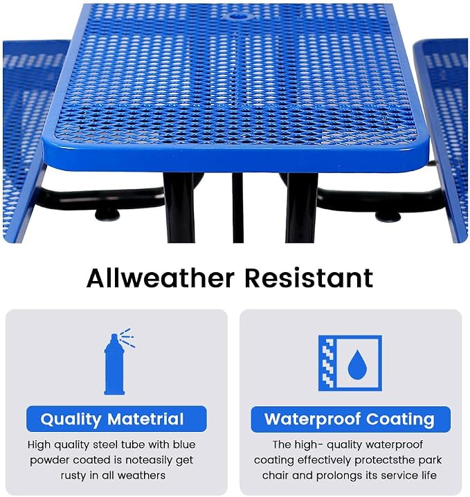 72" Rectangular Metal Picnic Table for 4-8 Person, Durable Heavy Duty Commercial Picnic Table with Umbrella Hole for Outdoor Coffee Shop, School, Hospital, Easy to Install, Blue