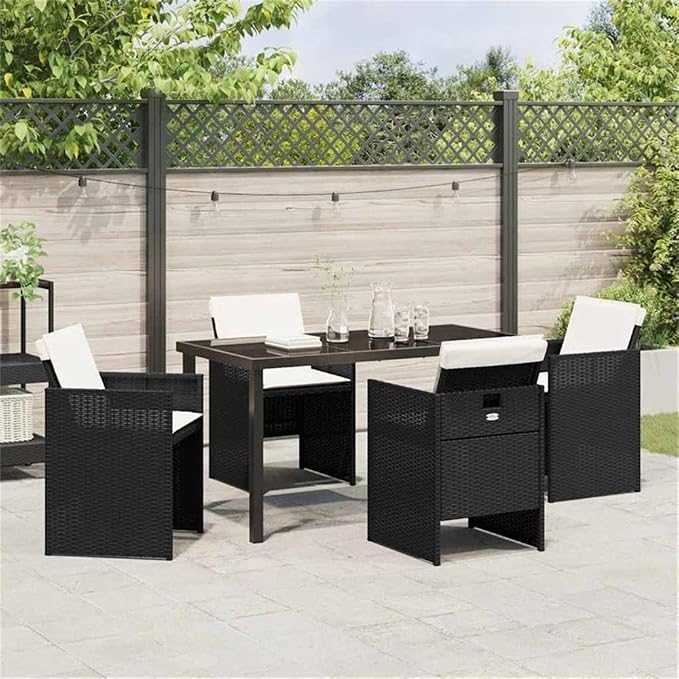 Afuera Living 5-Piece Poly Rattan Patio Dining Set, Black Finish, Tempered Glass Tabletop, Powder-Coated Steel Legs, Foldable Chairs with Weather-Resistant Cushions, Modern Outdoor Furniture for