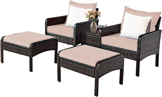 Tangkula 5 Pieces Wicker Patio Furniture Set, PE Rattan Outdoor All Weather Cushioned Sofas and Ottoman Set, 2-Person Outside Conversation Set for Lawn, Poolside, Yard, Balcony, Deck, Coffee