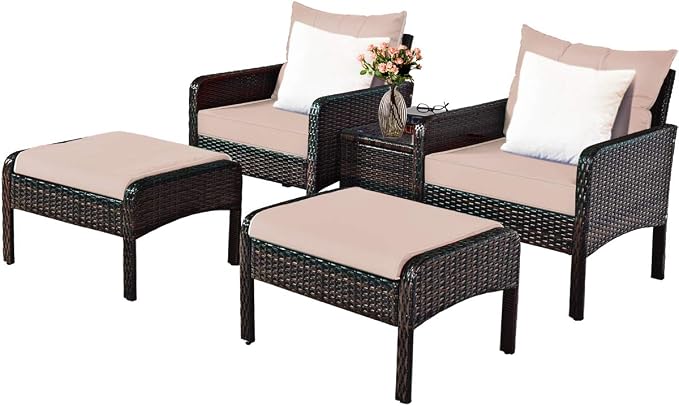 COSTWAY 5 PCS Patio Rattan Furniture Set, Outdoor Cushioned Sofa with Ottomans and Coffee Table, Wicker Conversation Set for Backyard Porch Lawn Poolsid, Beige