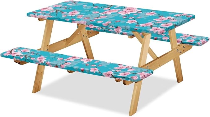 Cherry Blossom Table Cover with Bench Covers Washable Rectangle Table Cover Outdoor Patio Camping Essentials Picnic Table and Chair Decorative Cover Suitable for Thanksgiving