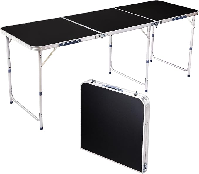 6-Feet Portable Folding Camping Table with Adjustable Height, Lightweight Aluminum Utility Table for Outdoor Camping Patio Picnic Backyard BBQ Dining Party, with Carrying Handle, Black