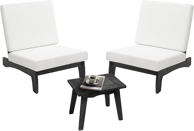 3 Piece Wood Patio Chair Outdoor Bistro Set, All Weather Outdoor Furniture Patio Sofa Backyard Seating Group Conversation Sets with Dark Wooden Side Table - Beige