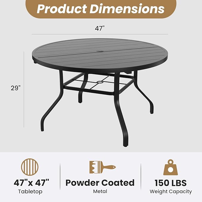 Soohow Round Outdoor Patio Dining Table, 47" Round Patio Table with 1.57" Umbrella Hole, Metal Outdoor Dining Tables for Patio, Graden, Backyard and Poolside