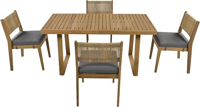 5-Piece Set Acacia Wood Dining Table and Chair Set, ll-Weather Outdoor Conversation Set Gathering Set.Thick Cushions, Suitable for Balcony, Vourtyard, and Garden (Gray@093)