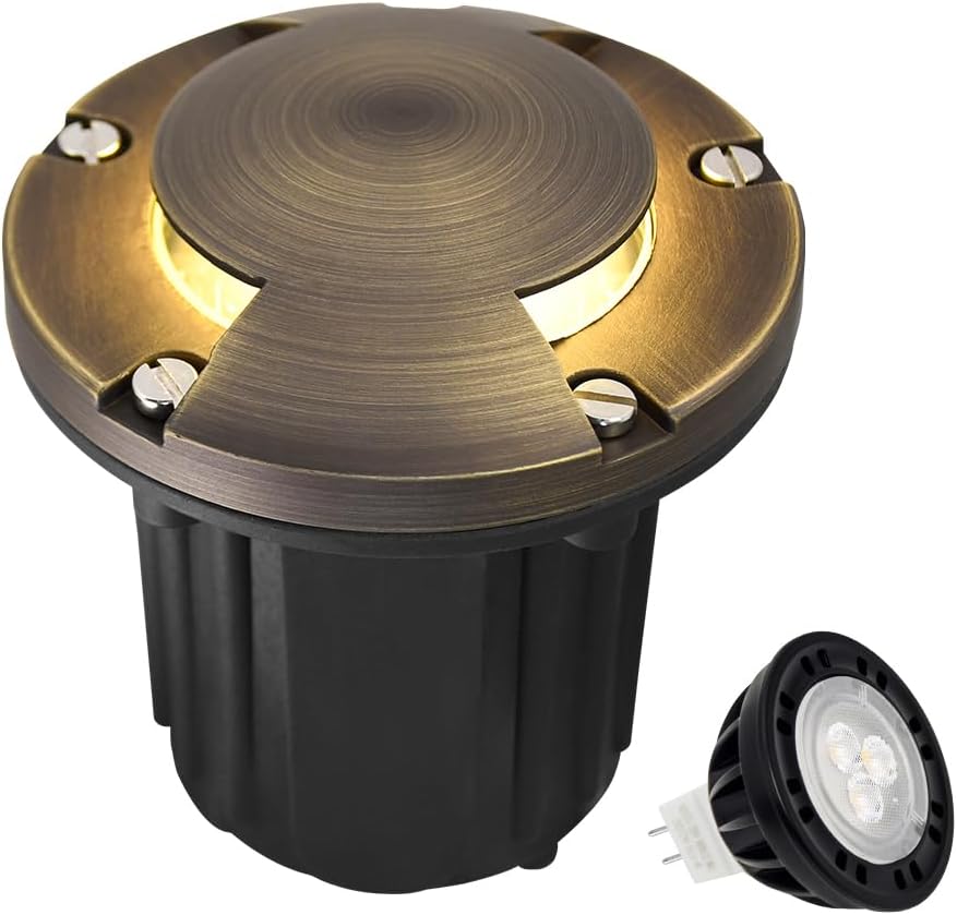 MALORY Brass Top Cover Landscape Well Lights,(φ126 mm) 12V Low Voltage Outdoor In Ground Lights,Landscape Lighting for Pathway, Driveway and Garden (Two-Direction Turret, 1-Pack with Bulb)