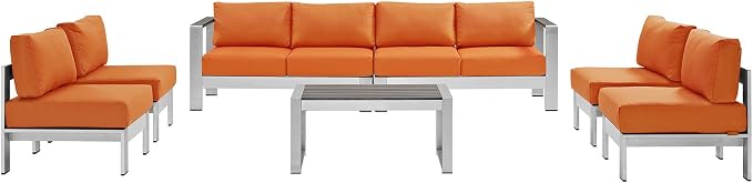 Modway Shore 7-Piece Aluminum Outdoor Patio Sectional Sofa Set in Silver Orange