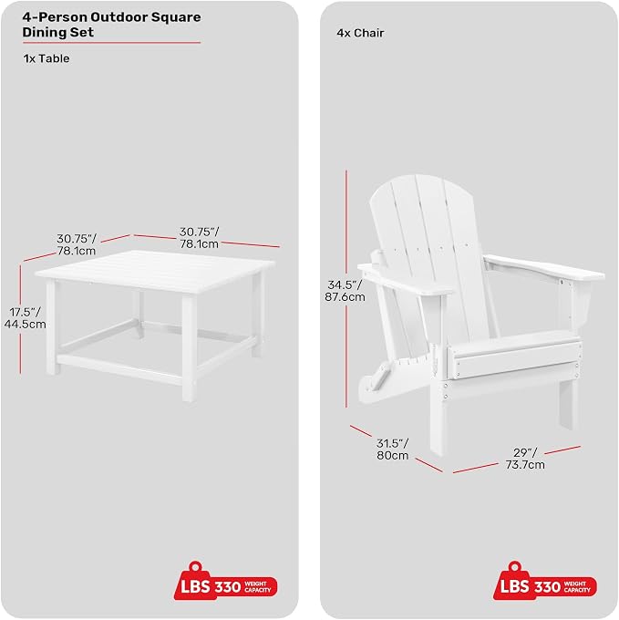 Costaelm Patio Conversation Set, 5 piece Balcony Furniture, Small Patio Firepit Furniture Outdoor Adirondack Square Coffee Table and Chair for Backyard Lawn Porch Pool Garden, White