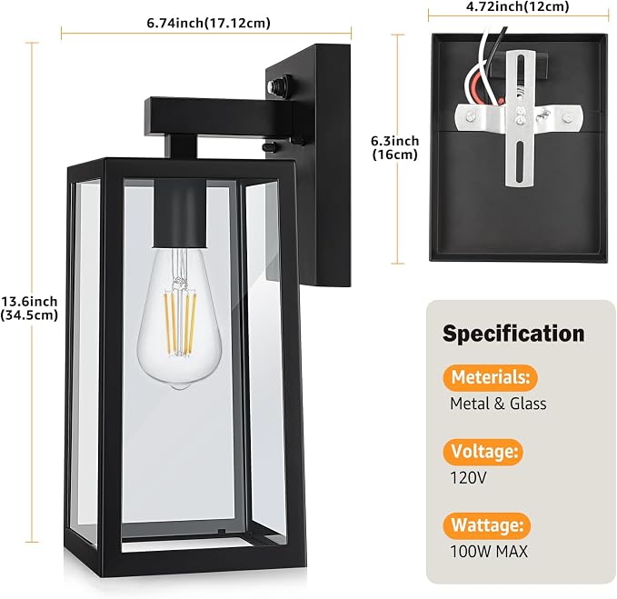 SHINE HAI Dusk to Dawn Sensor Outdoor Wall Sconce, Extra Large Exterior Lantern Fixture with E26 Base, Wall Mount Waterproof Lamp for Porch, Doorway