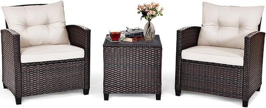 DORTALA Wicker Patio Furniture Set 3 Piece, Outdoor Table and Chairs with Tempered Glass Tabletop, Cushions, Small Rattan Conversation Sofa Set for Balcony, Porch, Backyard, Deck, White