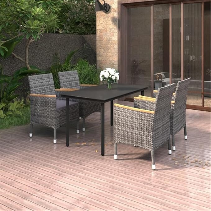 Afuera Living Contemporary PE Rattan Patio Dining Set, Gray Finish, Weather-Resistant, Includes Table and 4 Chairs with Cushions, Modern Outdoor Furniture for Garden or Patio, Seats 4