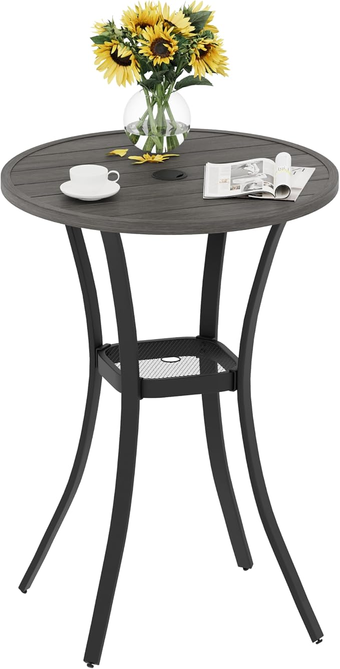 VICLLAX Patio Bar Height Table, Round Outdoor Bar Table with Umbrella Hole, 27.6" Grey