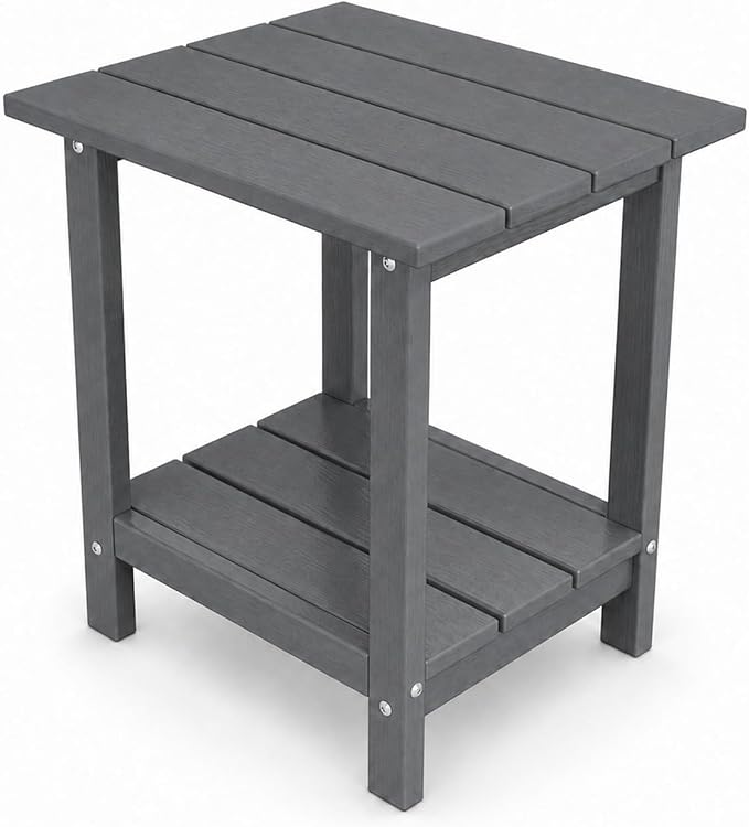 Outdoor Side Table with Storage Shelf, 2-Tier Patio Side Table, HDPE All Weather Outdoor End Tables for Adirondack Chair, Small Patio End Table for Deck Backyard Porch Lawn Poolside, Grey