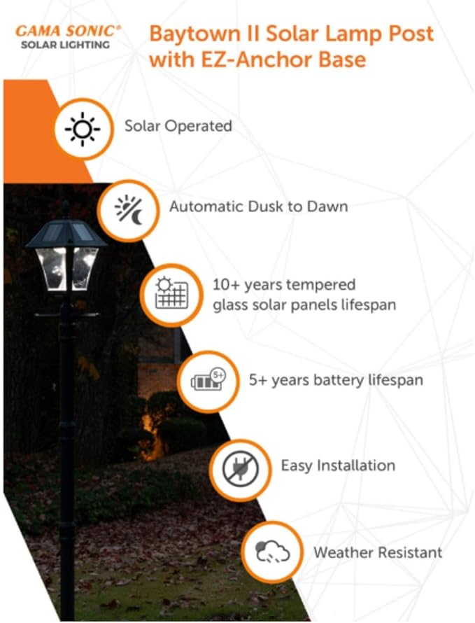 Gama Sonic Black Outdoor Solar Baytown II EZ Anchor Lamp Post, Bright White LED with EZ Anchor