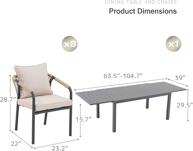 SUNSITT 9 Piece Outdoor Patio Dining Set, 63" - 105" Aluminum Expandable Outdoor Dining Table and 8 Woven Wicker Patio Chairs w/Curved Backrest for Garden, Dark Grey