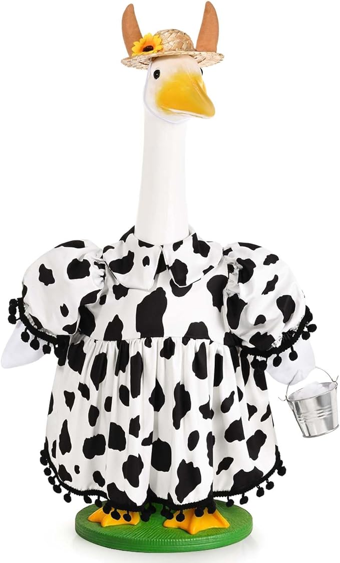 Honic Cow Porch Goose Outfits Funny Farmhouse Goose Costume with Dress Hat and Mini Milk Bucket for 23 Inch Cement or Plastic Goose for Spring Summer Outdoor Garden Yard Patio Lawn Decor