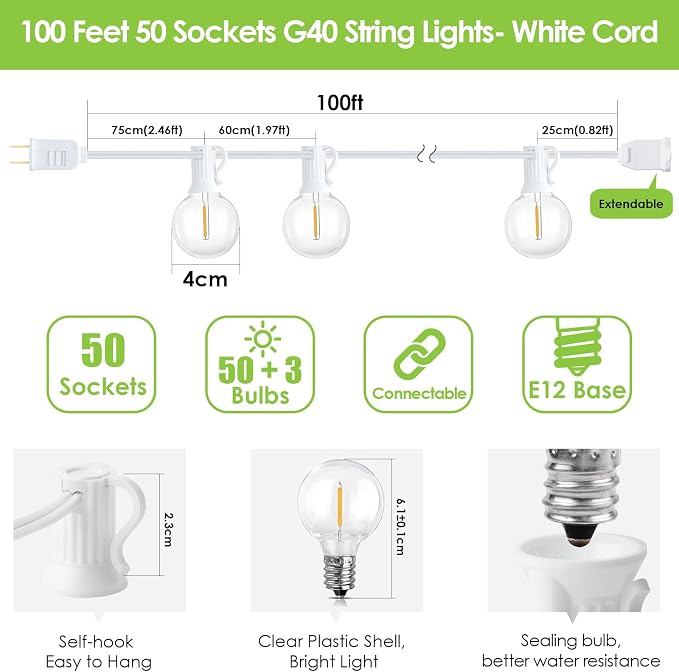 100Ft LED Outdoor String Lights, Dimmable Waterproof G40 Globe Patio Lights with 50+3 2700K Shatterproof Bulbs for Cafe Bistro-White Cord