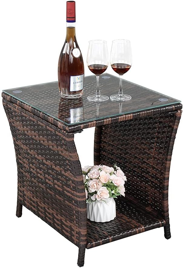 Rattan End Table Side Table, Glass Rattan Coffee Table for Outdoor Backyard Lawn Balcony Pool Square Tempered Glass Top Wicker Rattan End Table Furniture with Storage (Brown5)