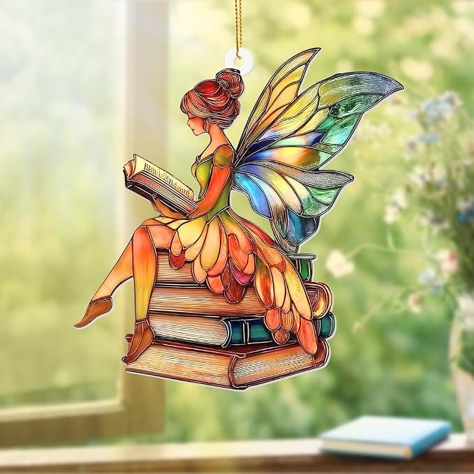 Fairy Stained Glass Style Acrylic Suncatcher, Fairy Ornament Window Hanging, Book Lover Gift for Women, Fairy Decor, Teacher & Librarian Book Club Decorations, Christmas Tree Ornament 4.5"(Sun-15)
