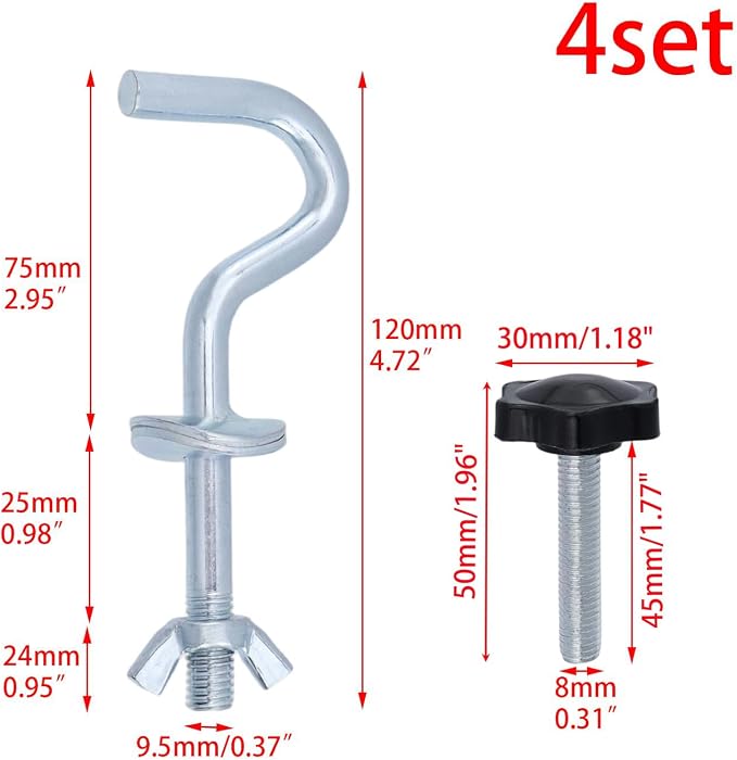Wealrit 4 PCS Hammock Stand Hook Heavy Duty Hooks Hardware Kit, Hammock Replacement Hooks with Hand Thread Knobs Accessories for Patio, Garden, Swing Chair (4.72" Length) -Style 02