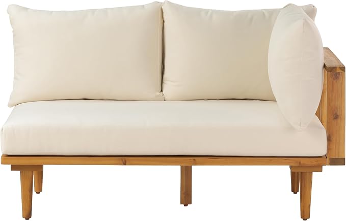 Christopher Knight Home Flynn Acacia Wood Patio Furniture Set, 6-Seater L-Shaped Sectional Sofa Set and Small Coffee Table, Outdoor Conversation Set for Backyard Poolside Balcony, Natural+Beige