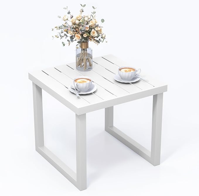 20" Aluminum Outdoor Side Table with Tapered Legs, Square Patio End Table with Geometric Slatted Top, All-Weather Coffee Table for Garden, Deck and Porch, White