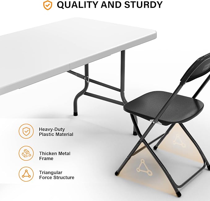 VINGLI 6 FT Plastic Folding Table Set with 8 Black Folding Chairs for Picnic, Event, Training, Outdoor Activities, at Home and Commercial Use