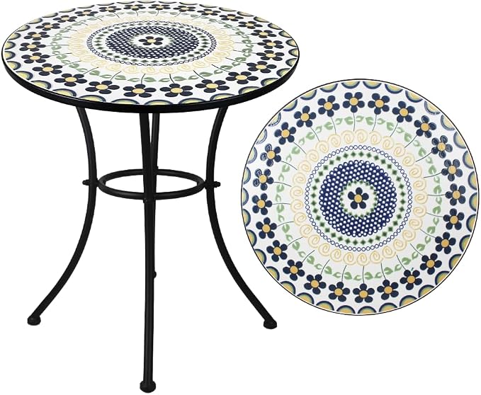 24 Inch Mosaic Patio Round Side Table with Ring Curved Legs Indoor and Outdoor Accent End Table for Yard, Garden, Living Room, Bistro, A - Black Floral