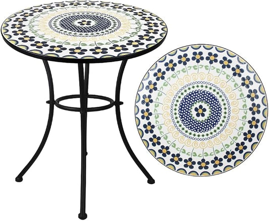 24 Inch Mosaic Patio Round Side Table with Ring Curved Legs Indoor and Outdoor Accent End Table for Yard, Garden, Living Room, Bistro, A - Black Floral