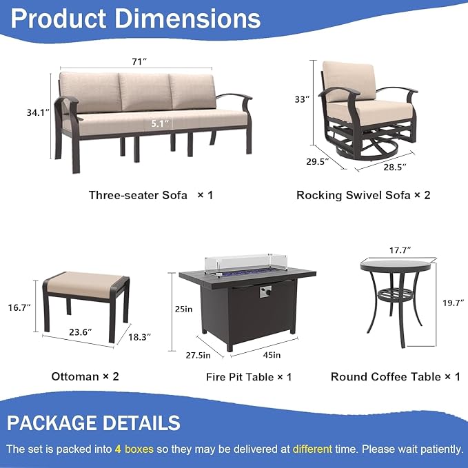Kullavik Aluminum Patio Furniture Set,7 Piece Modern Metal Outdoor Patio Furniture w/5.1'' Thick Cushion,Swivel Chairs,Ottomans and Propane Fire Pit Table,Patio Conversation Sets for Porch,Deck,Sand
