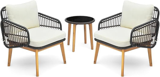 DORTALA 3 Piece Wicker Patio Furniture Set, Wood & Rattan Chairs and Table Sets with Cushions, Outdoor Conversation Set for Porch, Backyard, Poolside