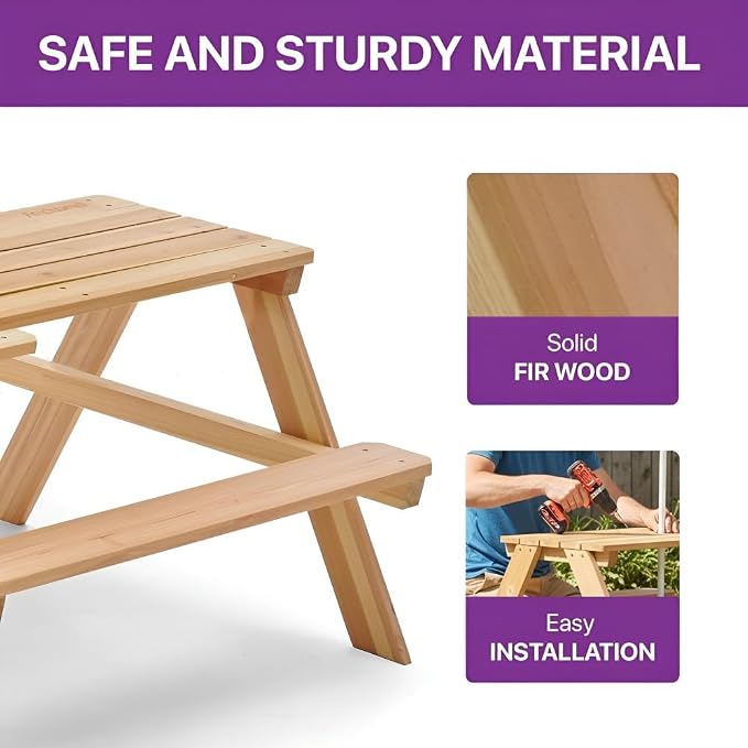 Plum® Wooden Kids Picnic Table - Outdoor Toddler Activity Table and Chair Set with Removable & Adjustable Umbrella, Built-in Bench, Backyard Furniture, Durable, Weatherproof, Easy to Clean, Ages 2+