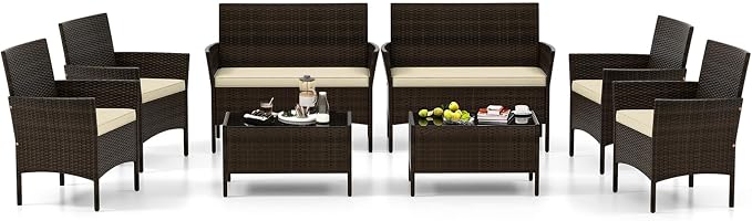 4 Piece Patio Furniture Set, Sectional Conversation Sofa Set with Glass Coffee Table, Cushions & Loveseat, Wicker Outdoor Table and Chairs for Pool, Garden, Deck, Backyard (2, Beige)