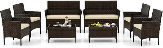 4 Piece Patio Furniture Set, Sectional Conversation Sofa Set with Glass Coffee Table, Cushions & Loveseat, Wicker Outdoor Table and Chairs for Pool, Garden, Deck, Backyard (2, Beige)