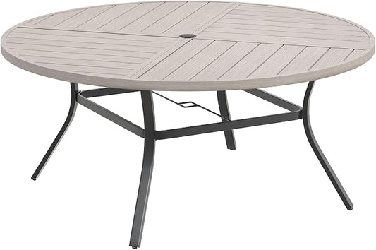 DIFY 59.8" Round Outdoor Patio Dining Table for 8-10, All-Weather Metal Steel Slatted Patio Table with 1.57" Adjustable Umbrella Hole for Garden, Backyard, Deck, Grey Wood-Like