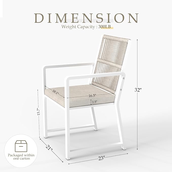 Outdoor Patio Wicker Rattan Dining Chairs, Heavy-Duty Wrought Iron Frame Supports 400lbs, Ergonomic Backrest, Detachable Breathable Cushion, for Garden & Porch, White, Set of 2