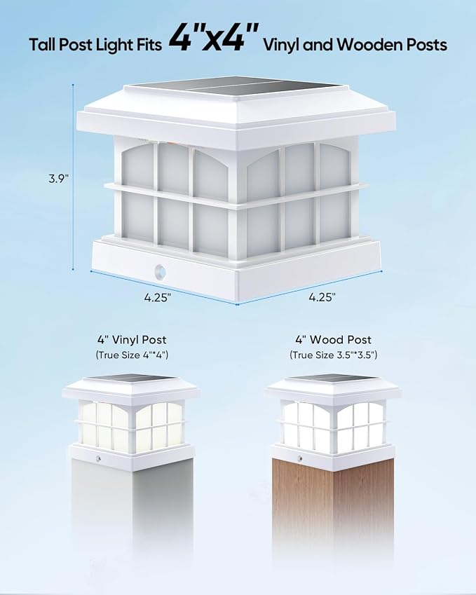 RGBCW Solar Post Cap Lights 2-Pack, 9 Colors 3 Modes Fence Cap Lights, Bright Solar Outdoor Waterproof LED Deck Lighting for Fence Garden Deck Patio Porch Decor 4x4 Vinyl/Wood, White