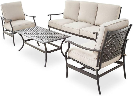 Patio Conversation Set 4Pcs Cushioned Outdoor Furniture Sets with All Weather Galvanized Steel Frame (Beige)