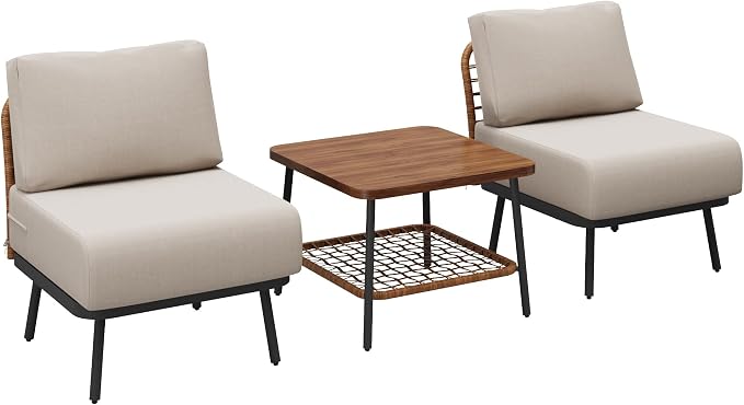 3-Piece Patio Conversation Set, Outdoor Sectional Sofa Wicker Furniture with Thick Cushions & Wood Grain Coffee Table, Small Patio Furniture for Balcony Porch