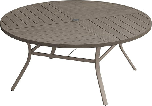 Patio Dining Table for 8-10, Round Metal Outdoor Table with Storage Shelf, 1.57" Umbrella Hole, 60" Outdoor Quartered Tabletop Dining Table for Backyard, Porch, Lawn, Grey