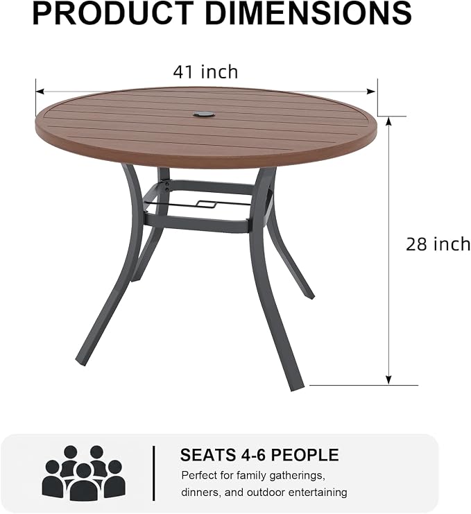 Anmutig Round Outdoor Dining Table, 41-inch All-Weather Patio Table with Adjustable Umbrella Hole for Deck Lawn Garden Backyard Balcony Deck, Metal Frame Slatted Tabletop